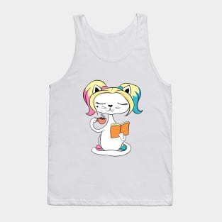 Cute Cat Enjoying Coffee and Reading Book Tank Top